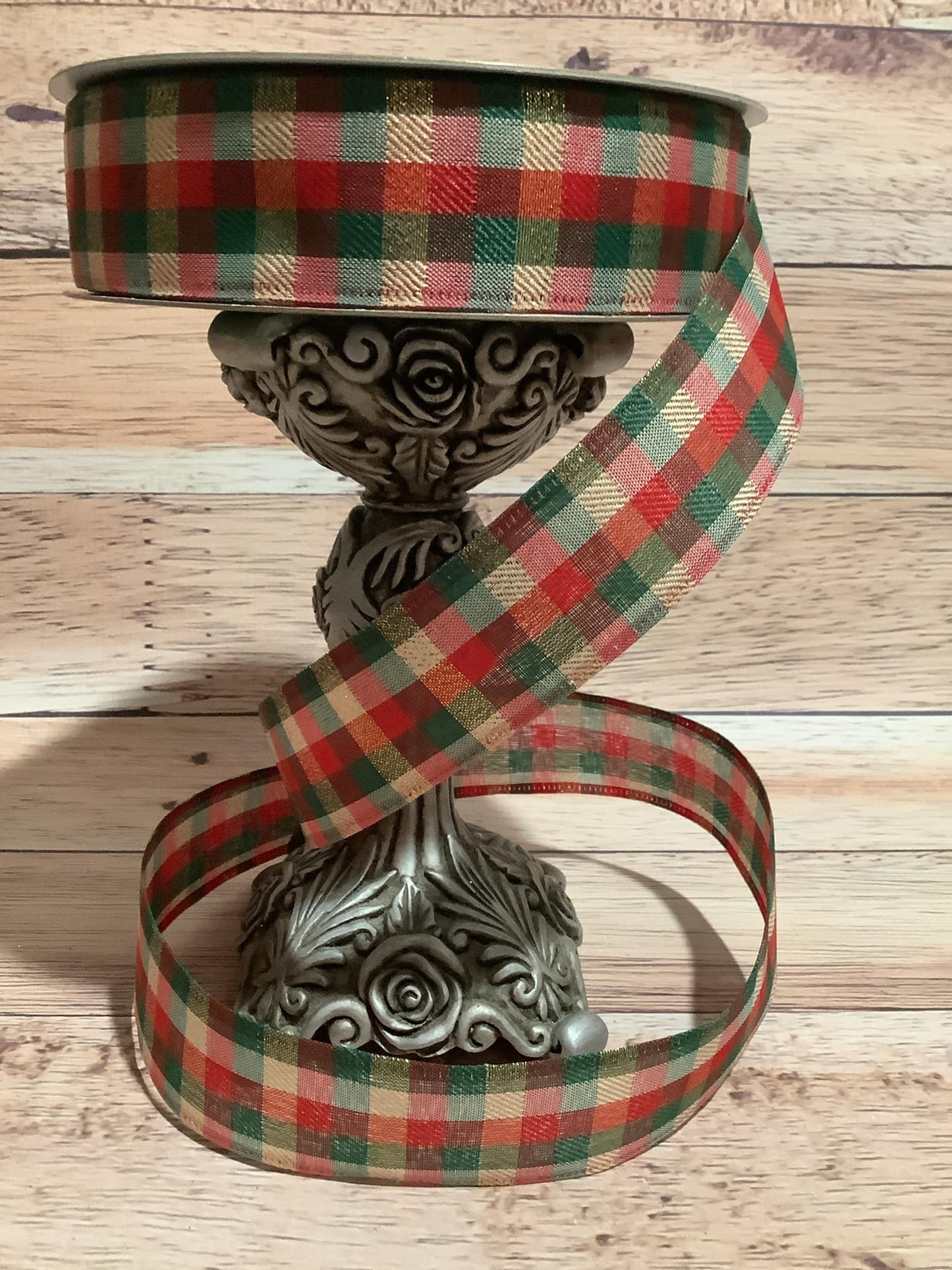 1.5" x 5 Yards Red, Green And Gold Plaid Wired Ribbon - Wired Christmas Ribbon - Ribbon For Bows, Wreaths And Home Decor