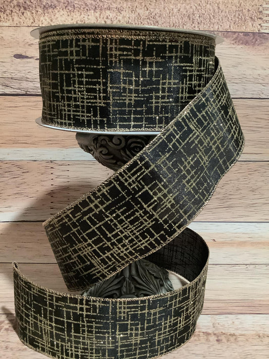 2.5" x 5 Yards Black Wired Ribbon With Random Gold Glitter Stripes - Ribbon For Bows, Wreaths And Home Decor