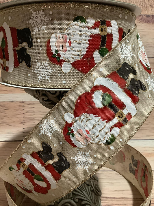 2.5" x 5 Yards Wired Beige Canvas Ribbon With Santa Claus Print With Snowflakes - Ribbon For Bows, Wreaths And Home Decor - Wired Christmas Ribbon