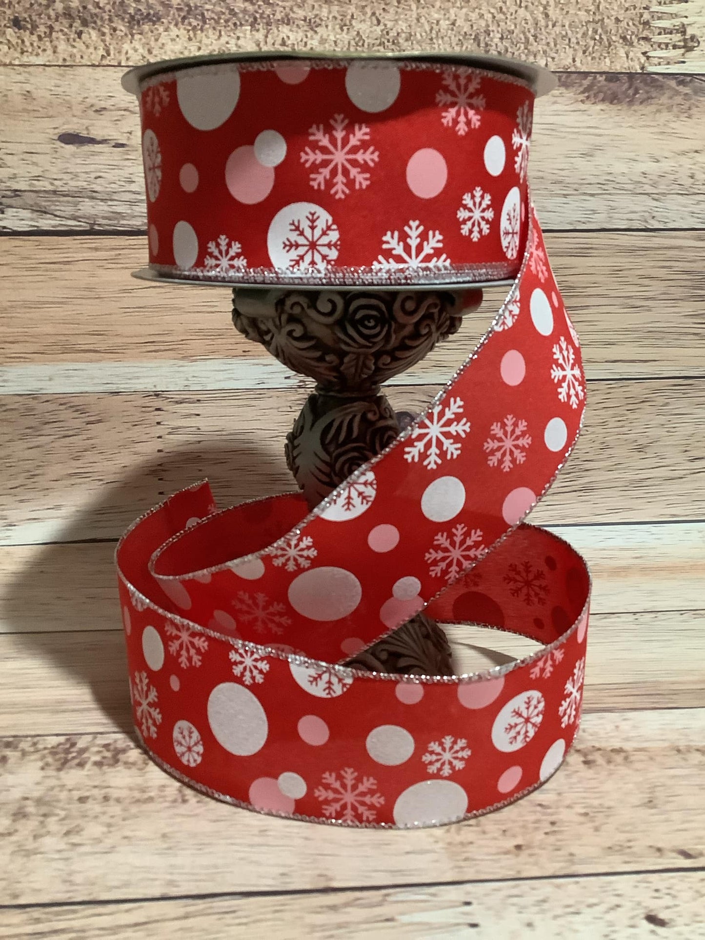 2.5" x 5 Yards Wired Red Ribbon With White And Pink Dots And Snowflakes - Ribbon For Bows, Wreaths And Home Decor