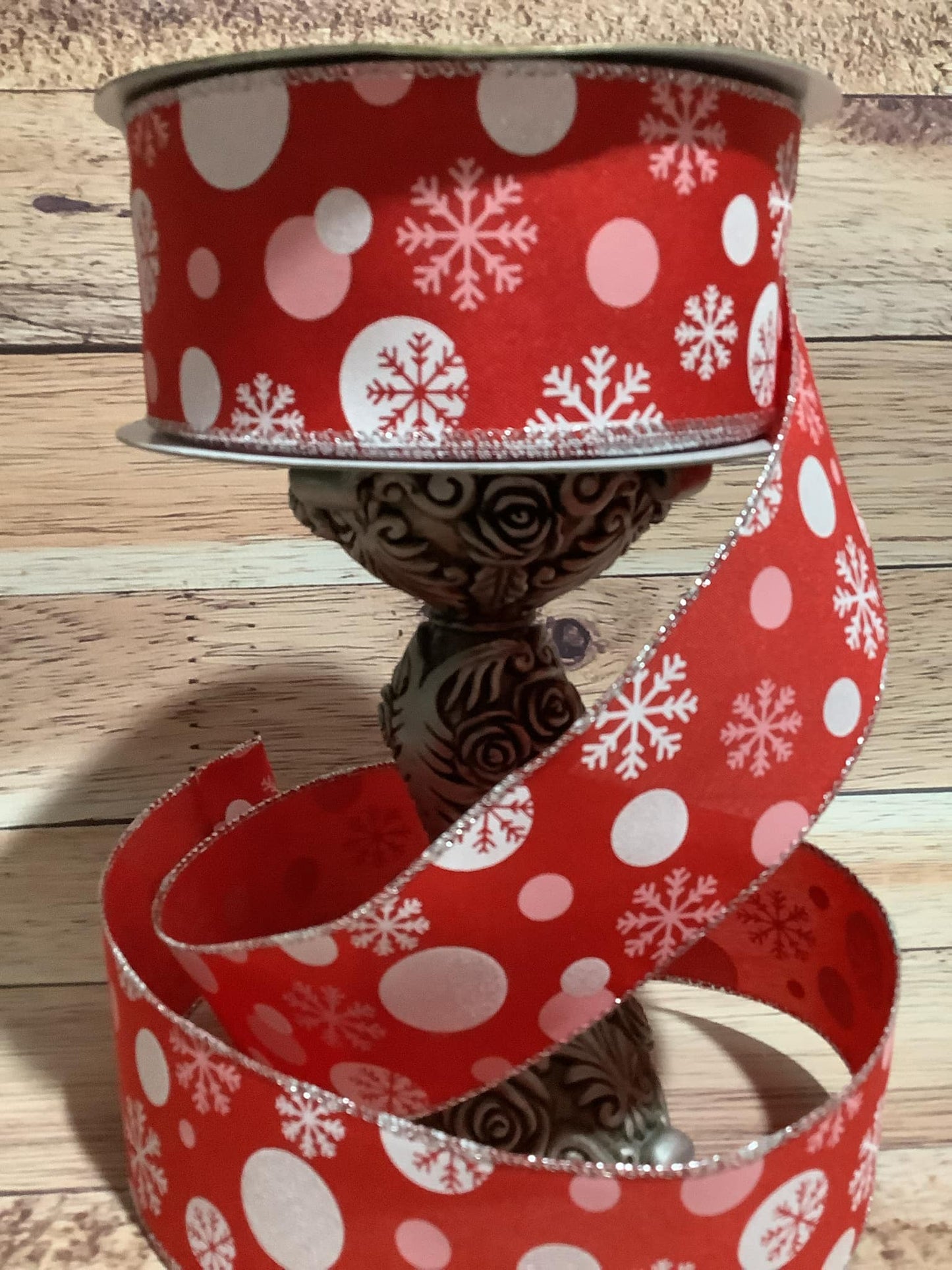 2.5" x 5 Yards Wired Red Ribbon With White And Pink Dots And Snowflakes - Ribbon For Bows, Wreaths And Home Decor