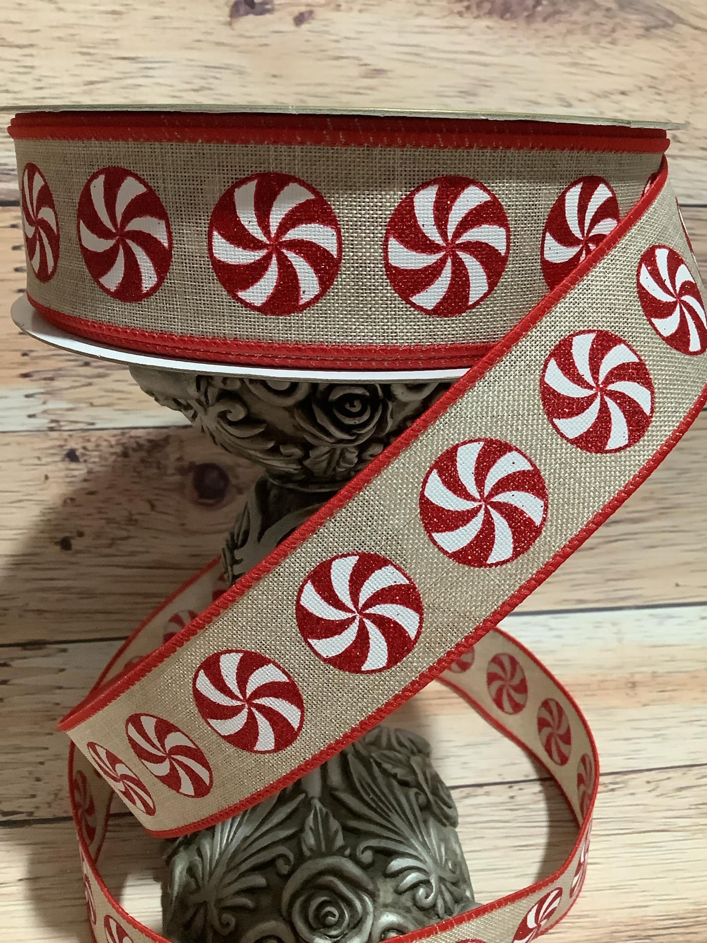 1.5" x 5 Yards Wired Beige Canvas With Peppermint Candy Printed With Red Glitter - Wired Christmas Ribbon - Ribbon For Bows, Wreaths And Home Decor