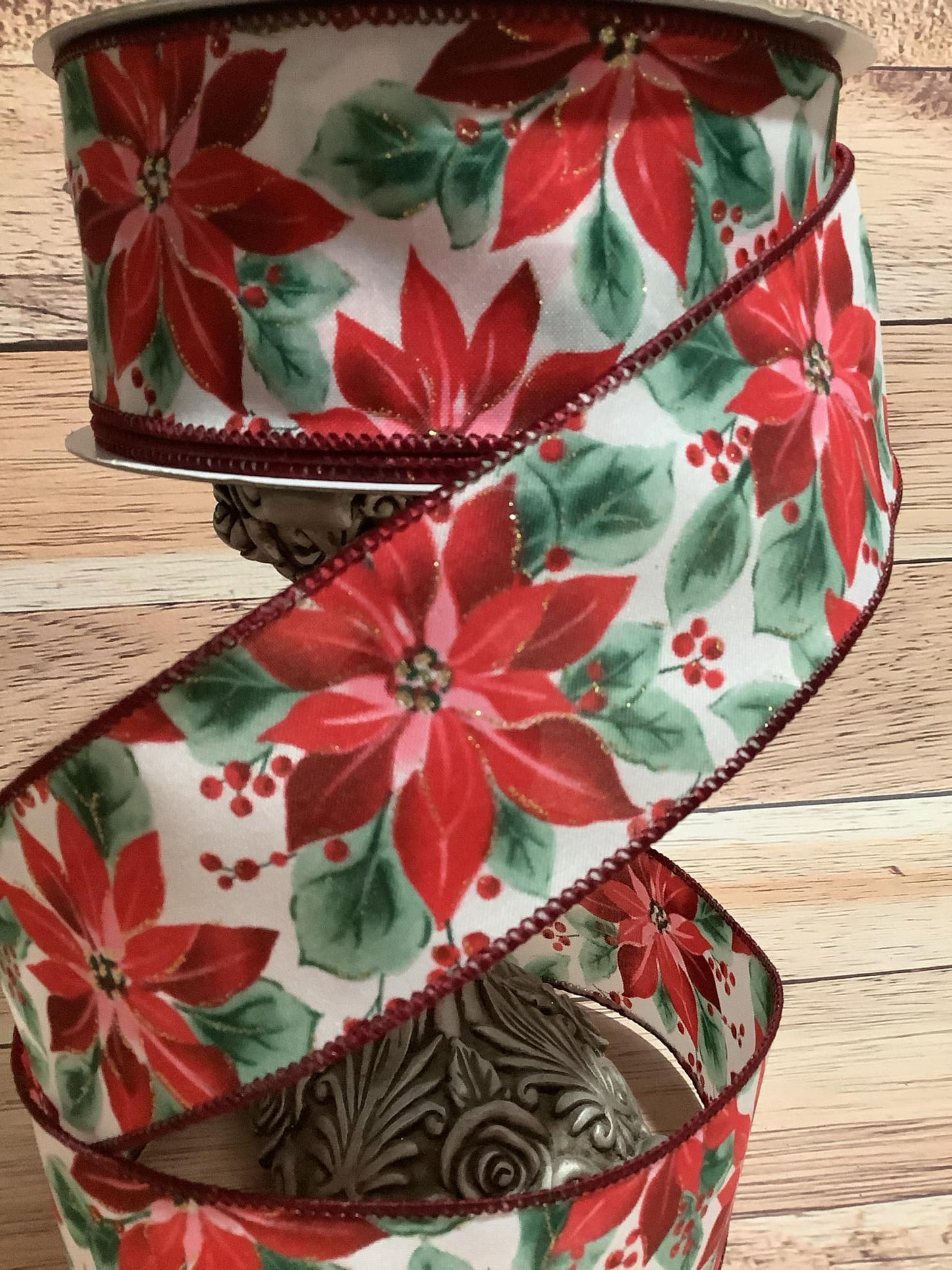 2.5" x 5 Yards Red And Pink Poinsettia Wired Ribbon - Ribbon For Bows, Wreaths And Home Decor