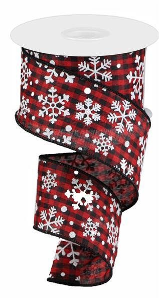 Falling Snow Check Wired Ribbon - Red and Black checked - Snowflake Ribbon - 2.5" x 10 yds - RGA1401MA