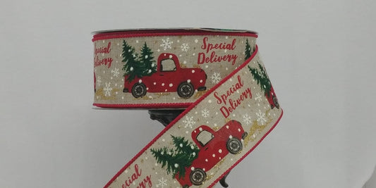 Christmas Truck Ribbon - Wired Ribbon - Christmas Ribbon - Red Truck - Special Delivery - Ribbon For Wreaths