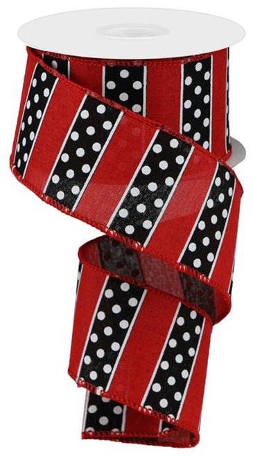 Red Ribbon With Black Vertical Stripe and White Polka Dots - Polka Dot/Stripe Ribbon - Red and Black Wired Ribbon - Farmhouse Ribbon