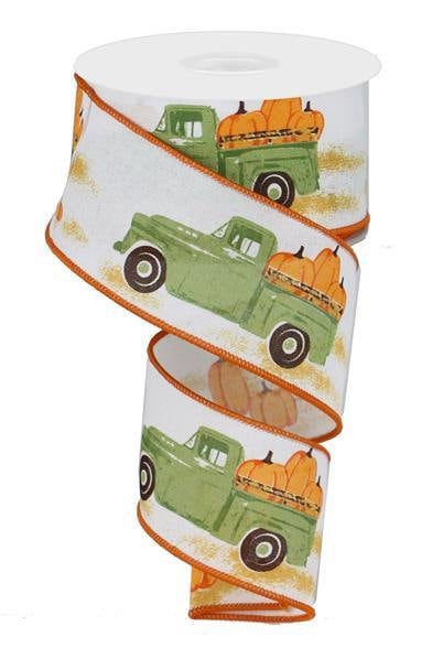 Truck Wired Ribbon - Pumpkin Ribbon - Fall ribbon - 2.5" x 10 yds - Vintage Truck Ribon