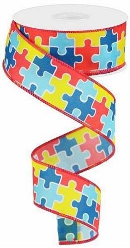 Wired Ribbon - Puzzle Pieces - Autism Awareness Ribbon - 1.5" x 10 yds - RG01818W5