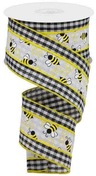 Wired Ribbon - Bumble Bee on Check - Bumble Bee Ribbon - Spring Ribbon - 2.5" x 10 yards - RG0187527