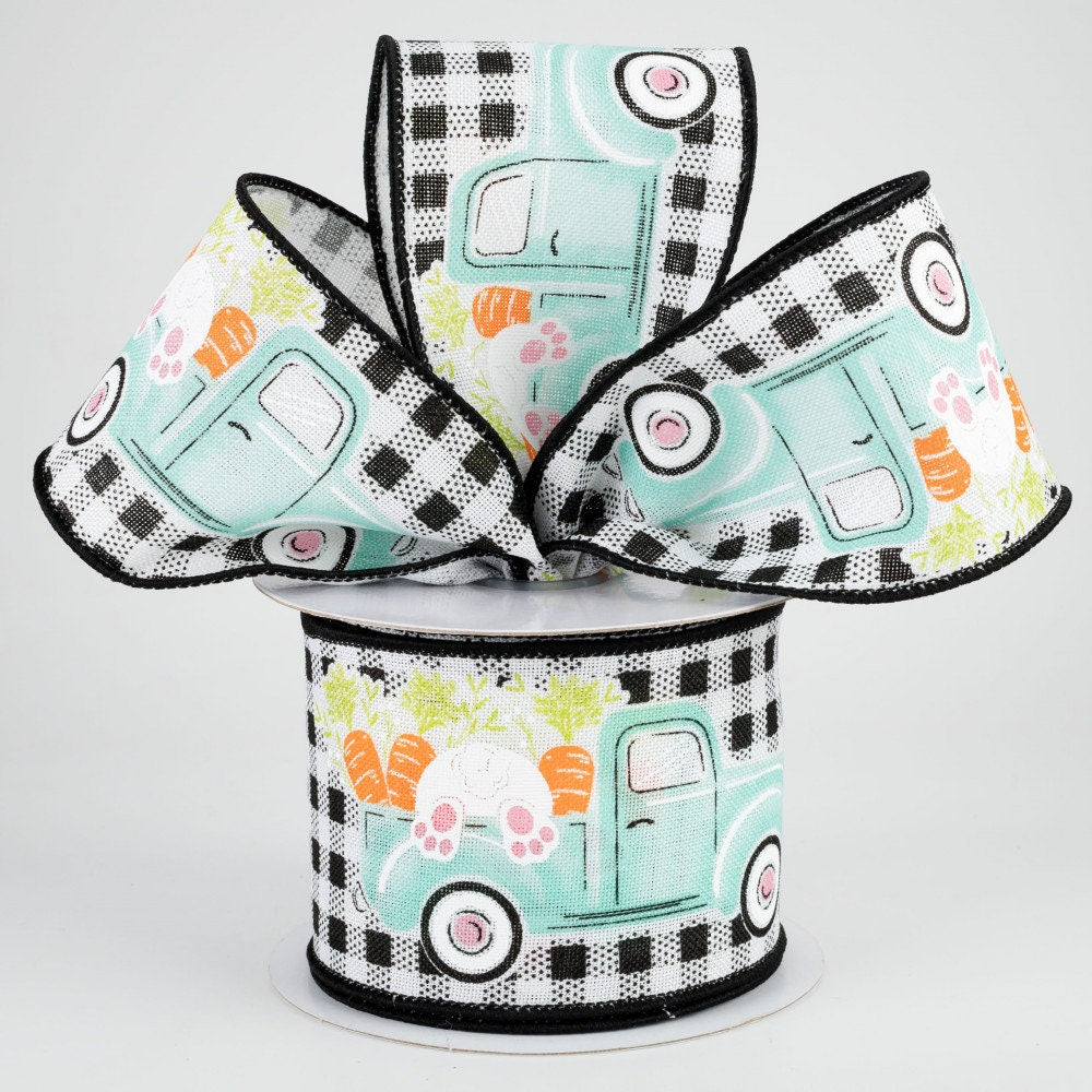 Wired Ribbon - Vintage Truck With Bunny - Easter Ribbon - Bunny Butt - Black and White Gingham - 2.5" x 10 yds - RGA1603X6