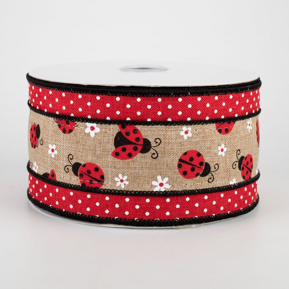 Wired Ribbon - 2.5" Mini Ladybugs With Swiss Dot - Ladybug Decor - Summer Ribbon - Spring Ribbon - RG0817101