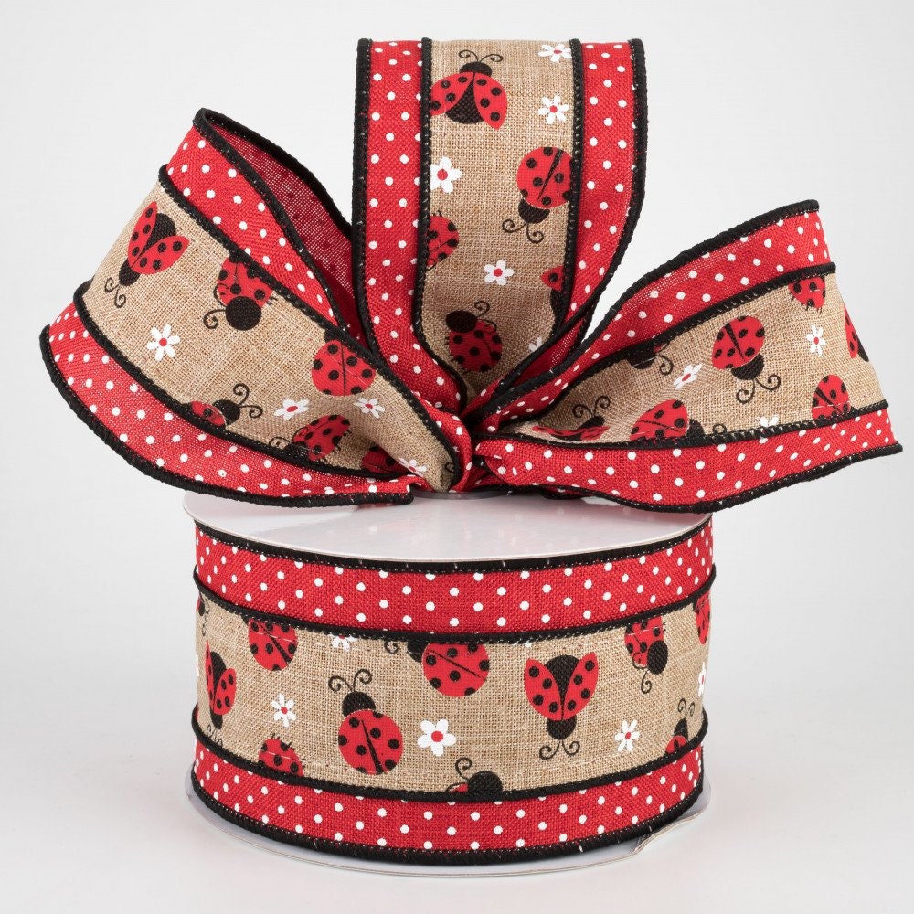 Wired Ribbon - 2.5" Mini Ladybugs With Swiss Dot - Ladybug Decor - Summer Ribbon - Spring Ribbon - RG0817101