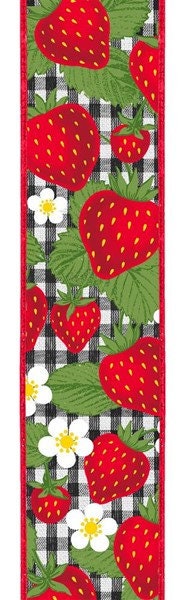 Wired Ribbon - Strawberries On Gingham - Black, White and Red Canvas - 2.5" x 10 yards - RGA1783X6