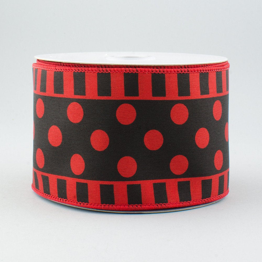 Wired Ribbon - Red and Black Dots and Stripes Ribbon - Cardinals - 2.5" x 10 yds - RG01370A9 - Ladybug Ribbon