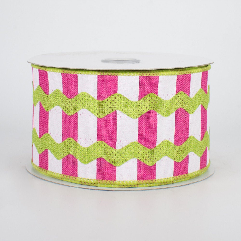 Wired Ribbon - Ric Rac Ribbon - Spring Ribbon - Lime Green and Fuchsia Ribbon - 2.5" x 10 yds - RG20078E