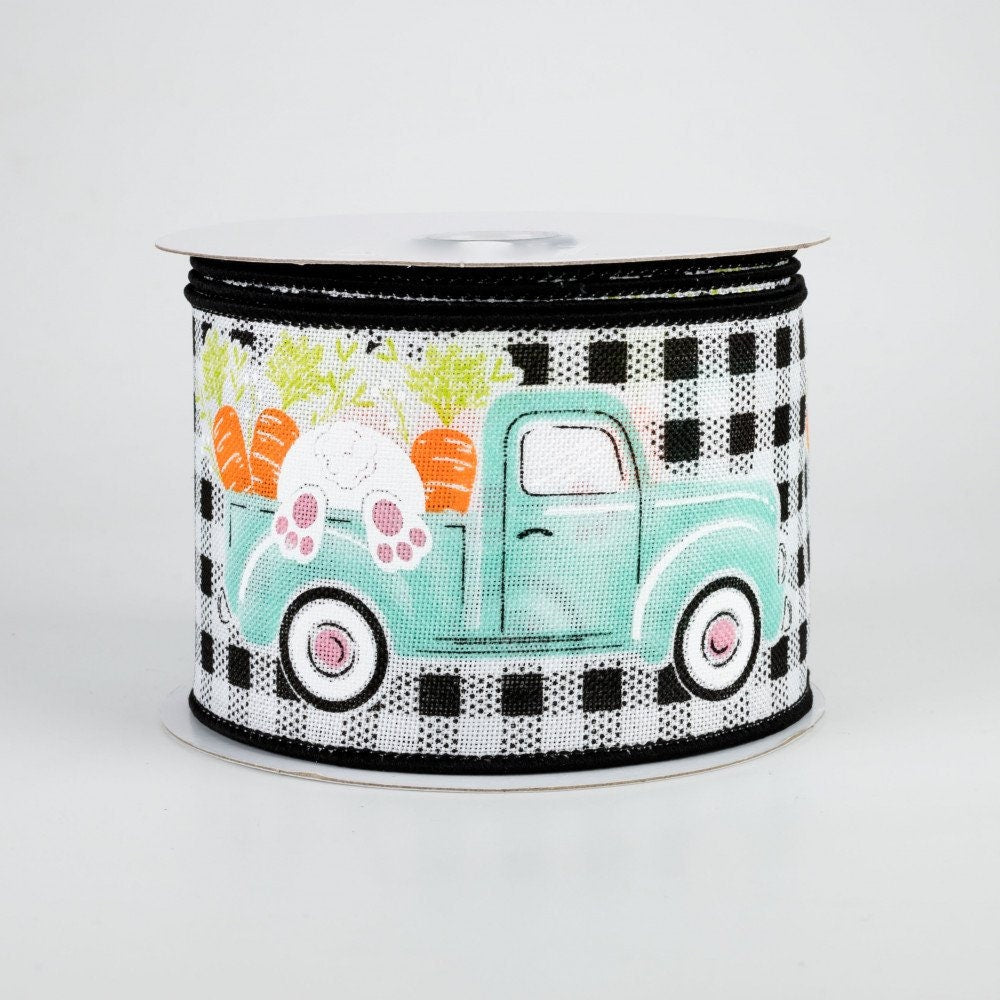 Wired Ribbon - Vintage Truck With Bunny - Easter Ribbon - Bunny Butt - Black and White Gingham - 2.5" x 10 yds - RGA1603X6