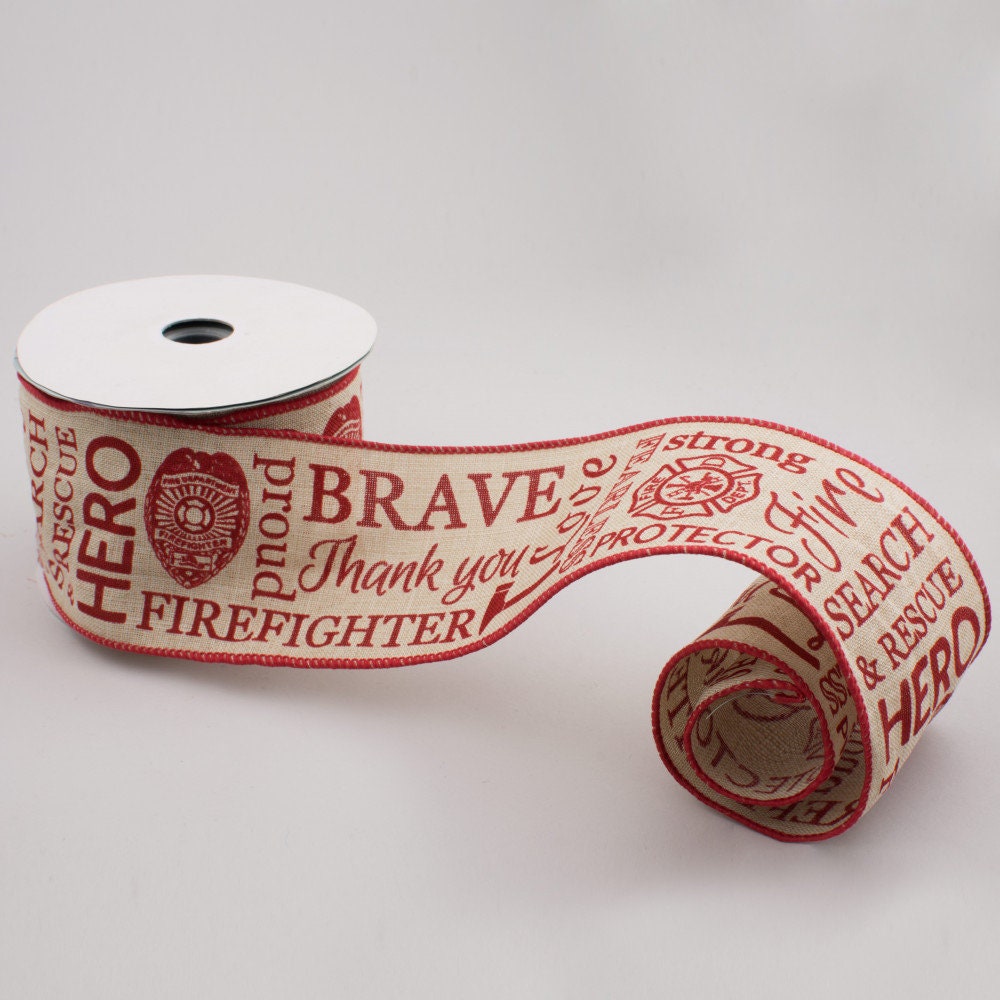 Wired Ribbon - Natural Canvas Firefighter Support Ribbon - Firefighter Decor - Thin Red Line - 2.5 x 10yds - RG01594