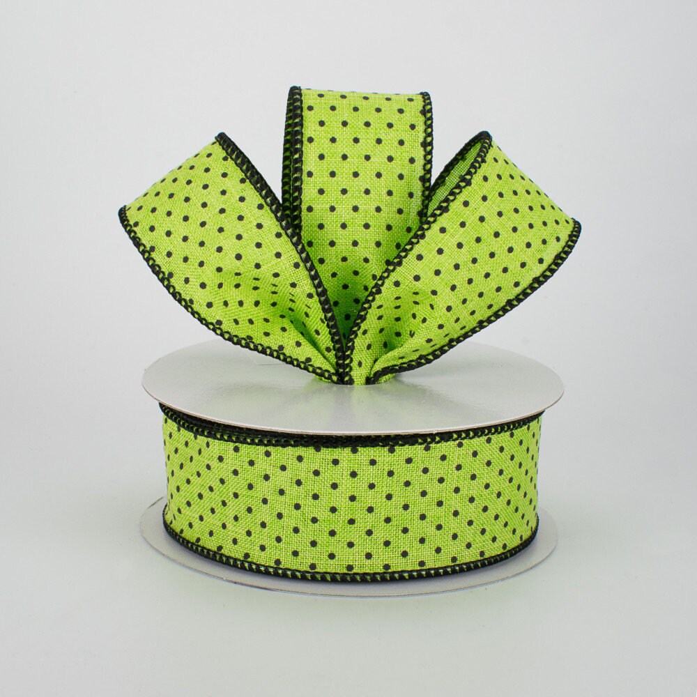 Wired Ribbon - Swiss Dots Ribbon: Lime Green and Black - Halloween Ribbon - Spring Ribbon - Everyday Ribbon - 1.5" x 10 yards - RG01685AM