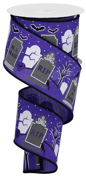 Wired Ribbon - Halloween Ribbon - Graveyard On Royal - 2.5" x 10 yards - Spooky Ribbon - RGA199823 - Purple and Black Ribbon