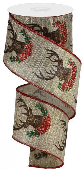 Wired Ribbon - Christmas Ribbon - Deer Ribbon - Poinsettia Decor - Man Cave Wreath Decor - Christmas Wreath Decor - RGA1864 - 2.5" x 10 yard