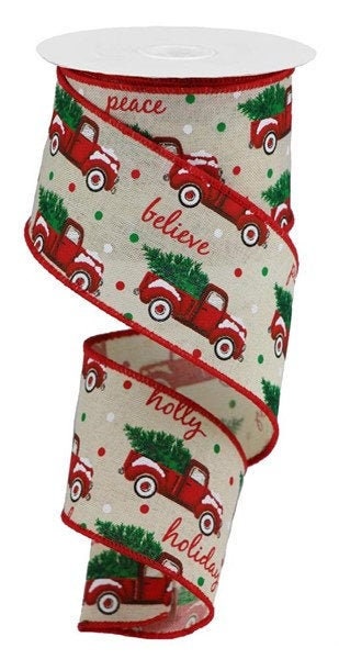 Wired Ribbon - Christmas Truck - Red Truck Ribbon - Vintage Truck Ribbon - Snow Decor - 2.5" x 10 yards - RG1003C2 - Christmas Tree Decor