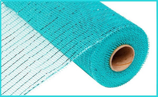 Poly Deco Mesh: Metallic Aqua with Dark Turquoise Foil - 10" x 10 yrds - Wreath Mesh - RE130158