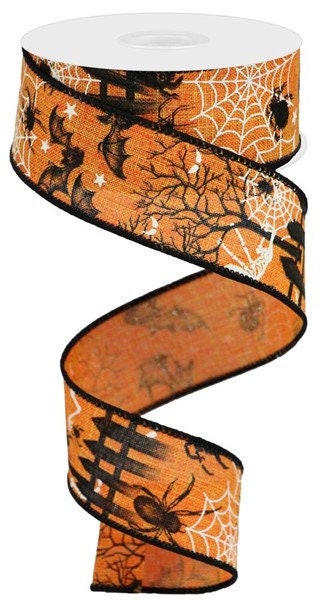 Wired Ribbon - Halloween Ribbon - Spiders And Bats - Skeleton Ribbon - Orange and Black Ribbon - RGA180920