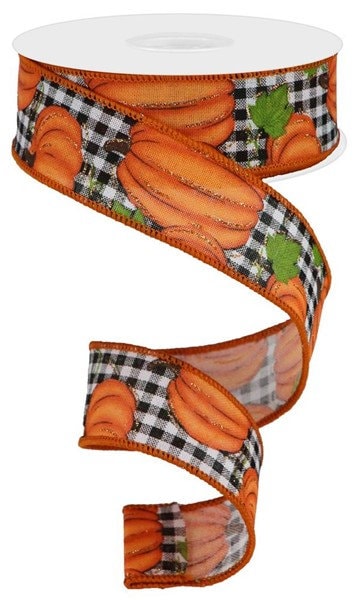 Wired Ribbon - Fall Ribbon - Pumpkin Ribbon - Black Gingham Plaid With Pumpkins - Fall Decor - Halloween Ribbon - RGA147927 - RGA148027