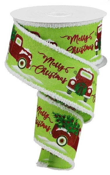 Wired Ribbon - Merry Christmas-Truck-Drift - Red Truck Ribbon - Vintage Truck Decor - Snow Decor  - 2.5" x 10 yards - RG0827533