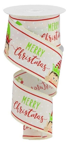 Wired Ribbon - Christmas Elf Ribbon - Peeking Elf- Elf Hat - Whimsical Christmas Ribbon - 2.5" x 10 yards - RGA191033