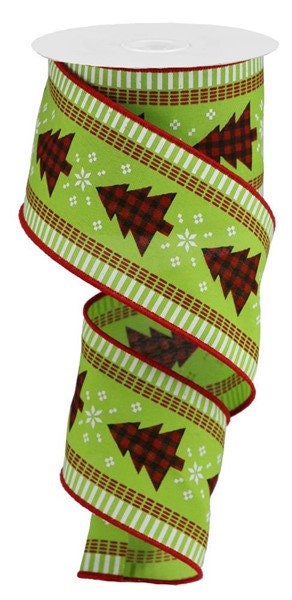 Wired Ribbon - Christmas Tree Ribbon - Buffalo Plaid Ribbon - 2.5" x 10 yards - RGB120133 - Christmas Decor - Lime Green and Red Decor