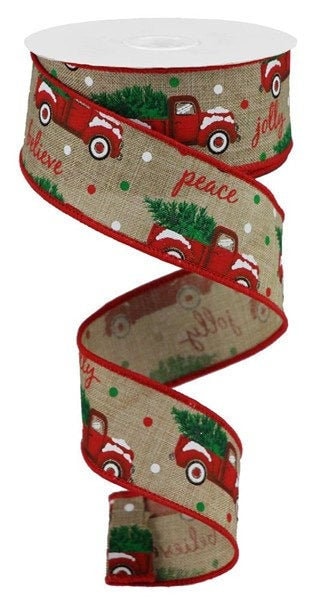 Wired Ribbon - Christmas Truck Ribbon - Red Truck Ribbon - Vintage Truck - Christmas Ribbon - Christmas Tree - 1.5" x 10 yards - RGB100201