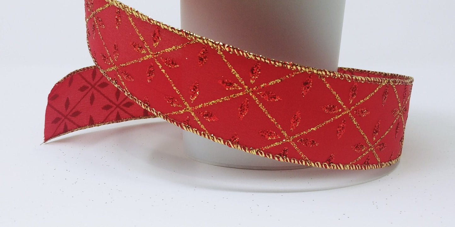 Wired Ribbon - Christmas Ribbon - Valentines Day Ribbon - Red And Gold Glitter - 1.5" x 5 yards - Satin Ribbon