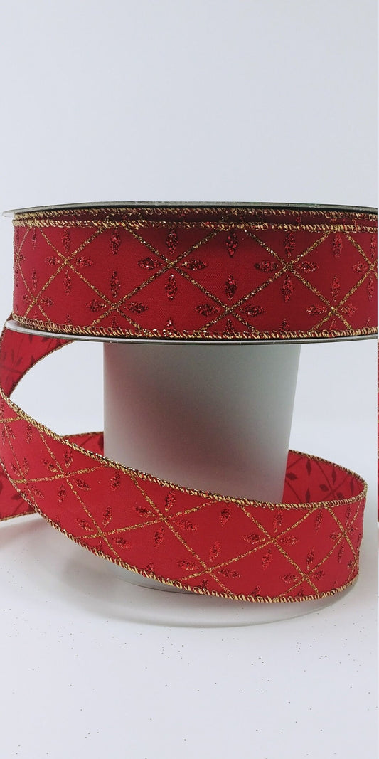 Wired Ribbon - Christmas Ribbon - Valentines Day Ribbon - Red And Gold Glitter - 1.5" x 5 yards - Satin Ribbon