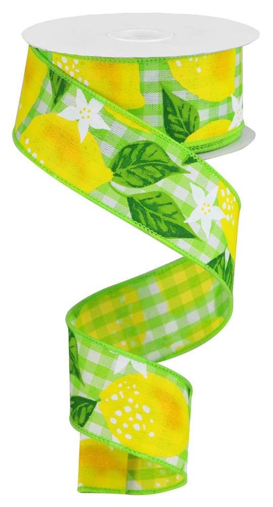 Wired Edge Ribbon - Lemons On Woven Check - Summer Ribbon - Farmhouse Wreath Decor - Lemon Ribbon - 1.5"  X 10 yards - RGA1852RY