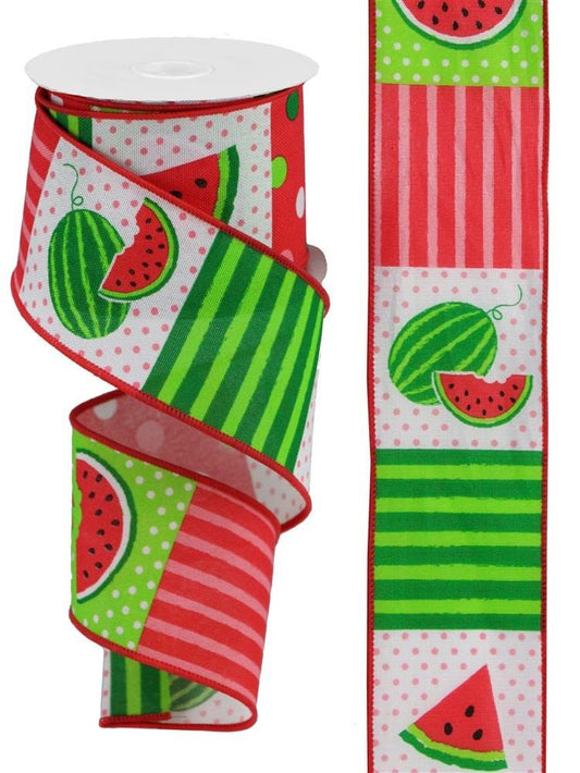 Wired Edge Ribbon - Watermelon Block/Faux Royal - 2.5" x 10 yards - RGC1142WT - Summer Ribbon - Summer Wreath Decor - Stripes and Polka Dots