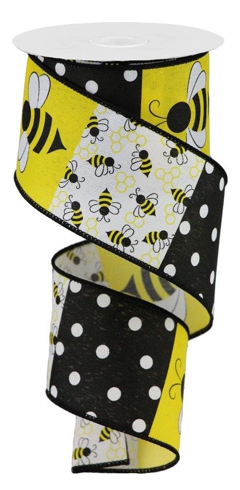 Wired Edge Ribbon - BumbleBee Block on Royal - BumbleBee Ribbon - BumbleBee Wreath Decor - 2.5" x 10 yards - RGA194727 - Yellow and Black