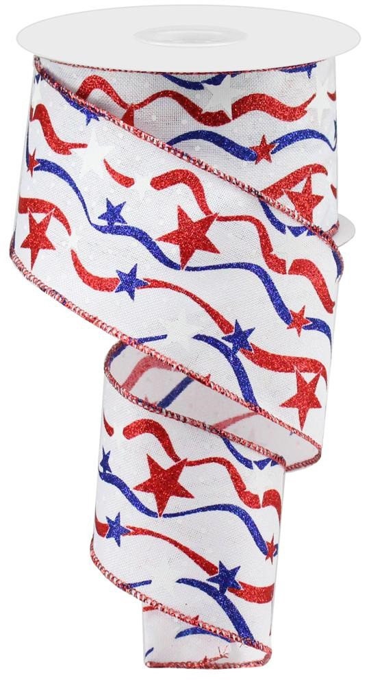 Wired Edge Ribbon - Stars And Wavy Stripes On Royal - Patriotic Ribbon - Veterans Day Decor - 2.5" x 10 yards - RGA167627