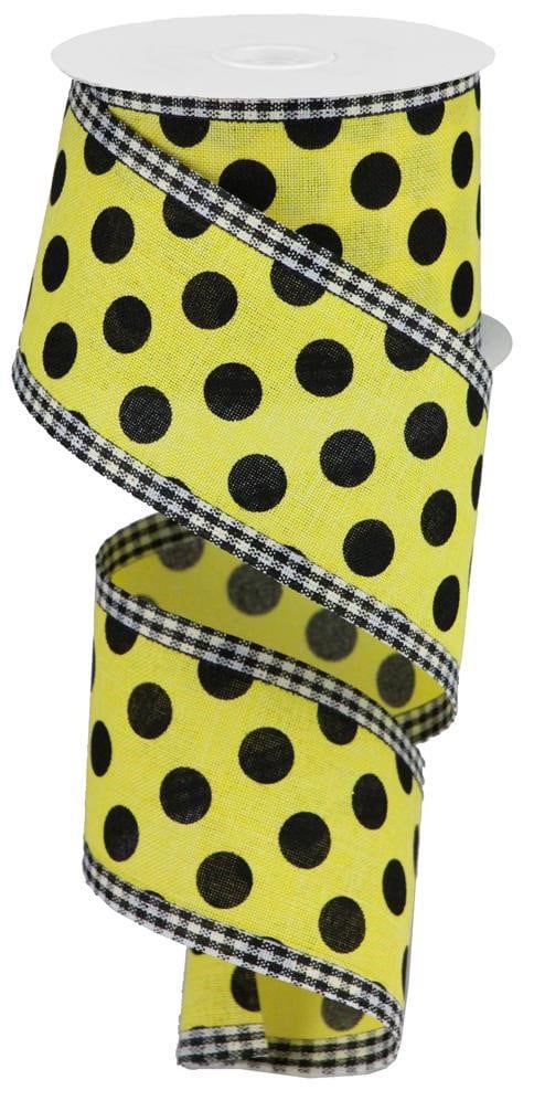 Wired Edge Ribbon - Medium Polka Dot On Royal - Yellow And Black Ribbon - BumbleBee Ribbon -  2.5" x 10 yards - All Occasion