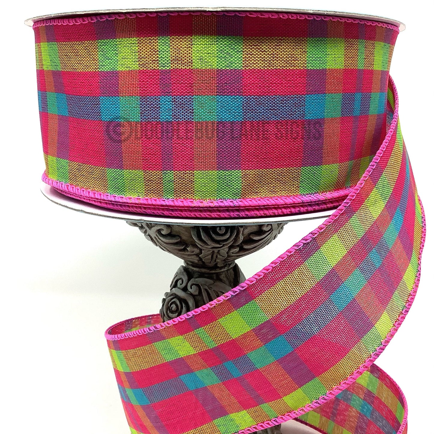 Wired Ribbon - Spring Ribbon - Easter Ribbon - Pink Green And Blue Plaid Ribbon - 2.5” x 5  yards