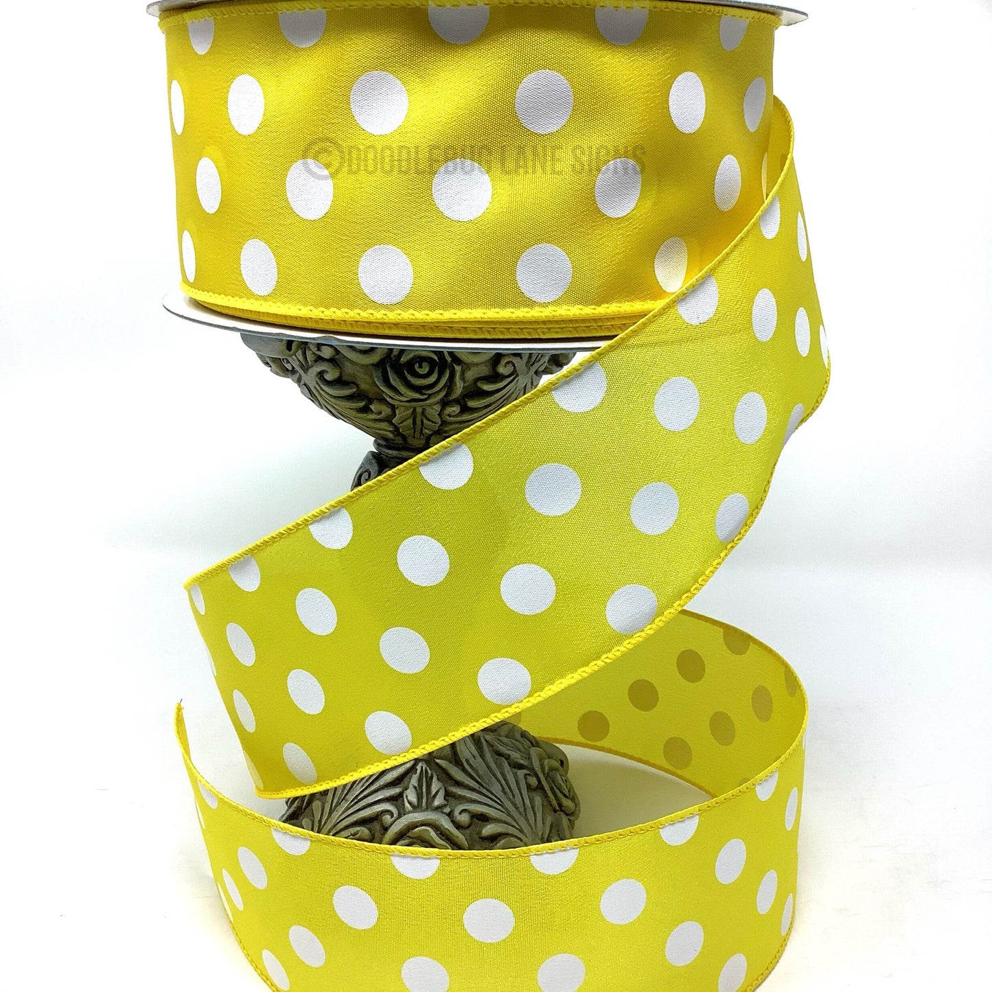 Wired Ribbon - Yellow And White Polka Dot - 2.5” x 5 yards - Spring Ribbon - Easter Ribbon - All Occasion Ribbon