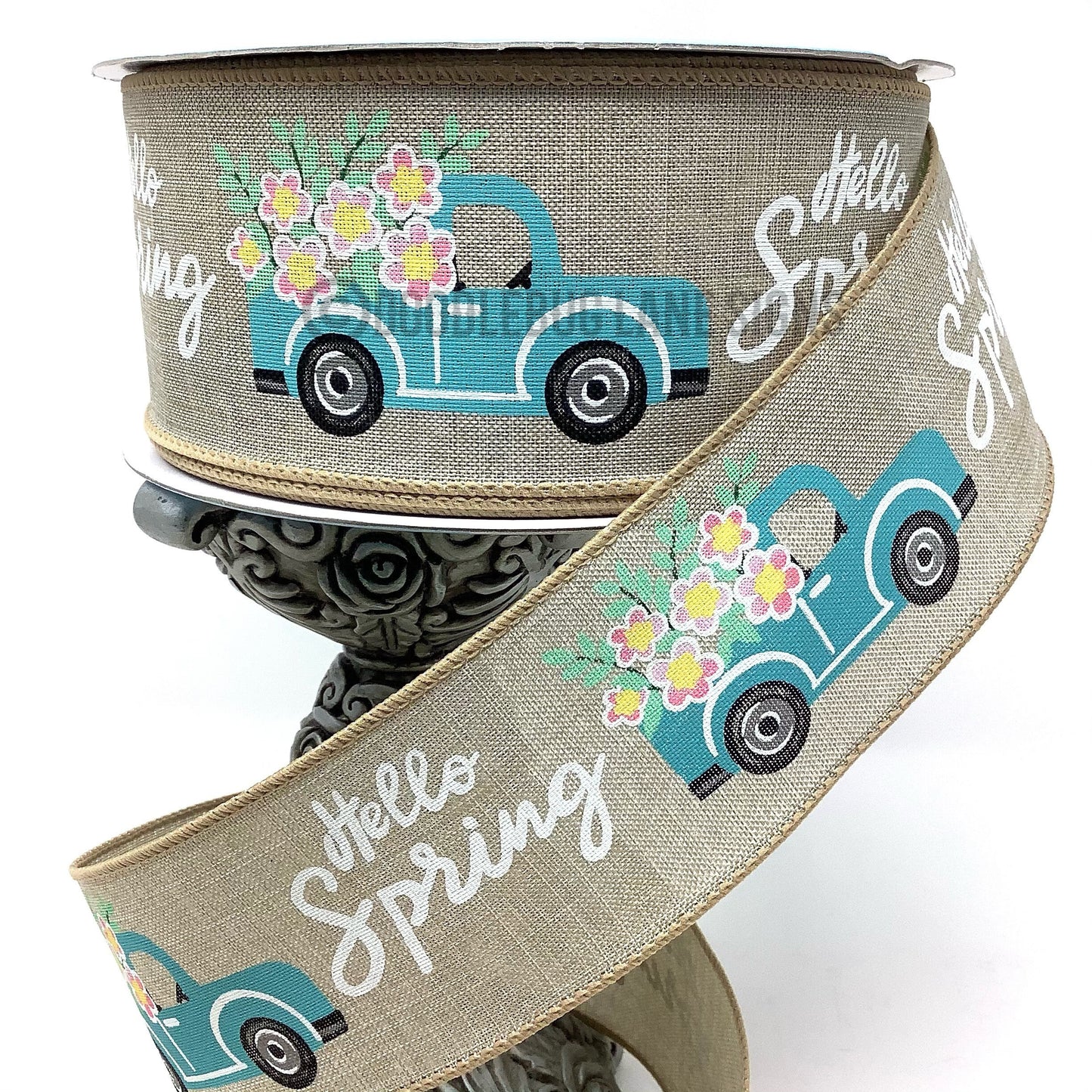 Wired Ribbon - Spring Ribbon - Easter Ribbon - Truck Ribbon - Hello Spring - 2.5” x 5 yards - Floral Ribbon