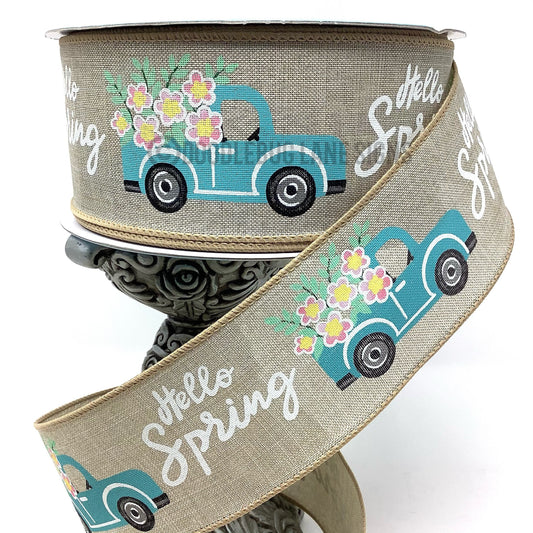 Wired Ribbon - Spring Ribbon - Easter Ribbon - Truck Ribbon - Hello Spring - 2.5” x 5 yards - Floral Ribbon