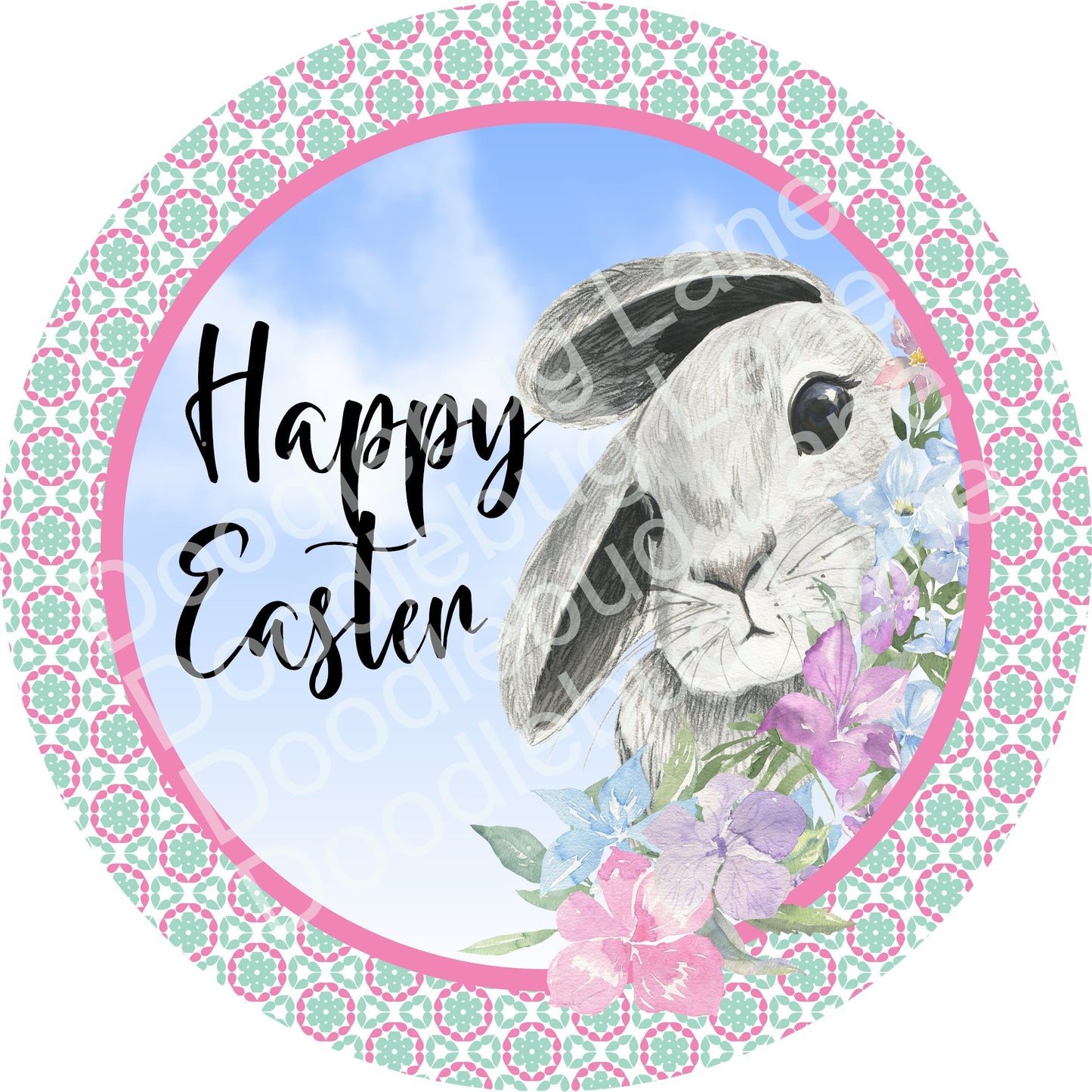 Easter Wreath Sign-Peeking Bunny-Pastel Blue and Pink Flowers-Happy Easter-Easter Bunny-Metal Wreath Sign