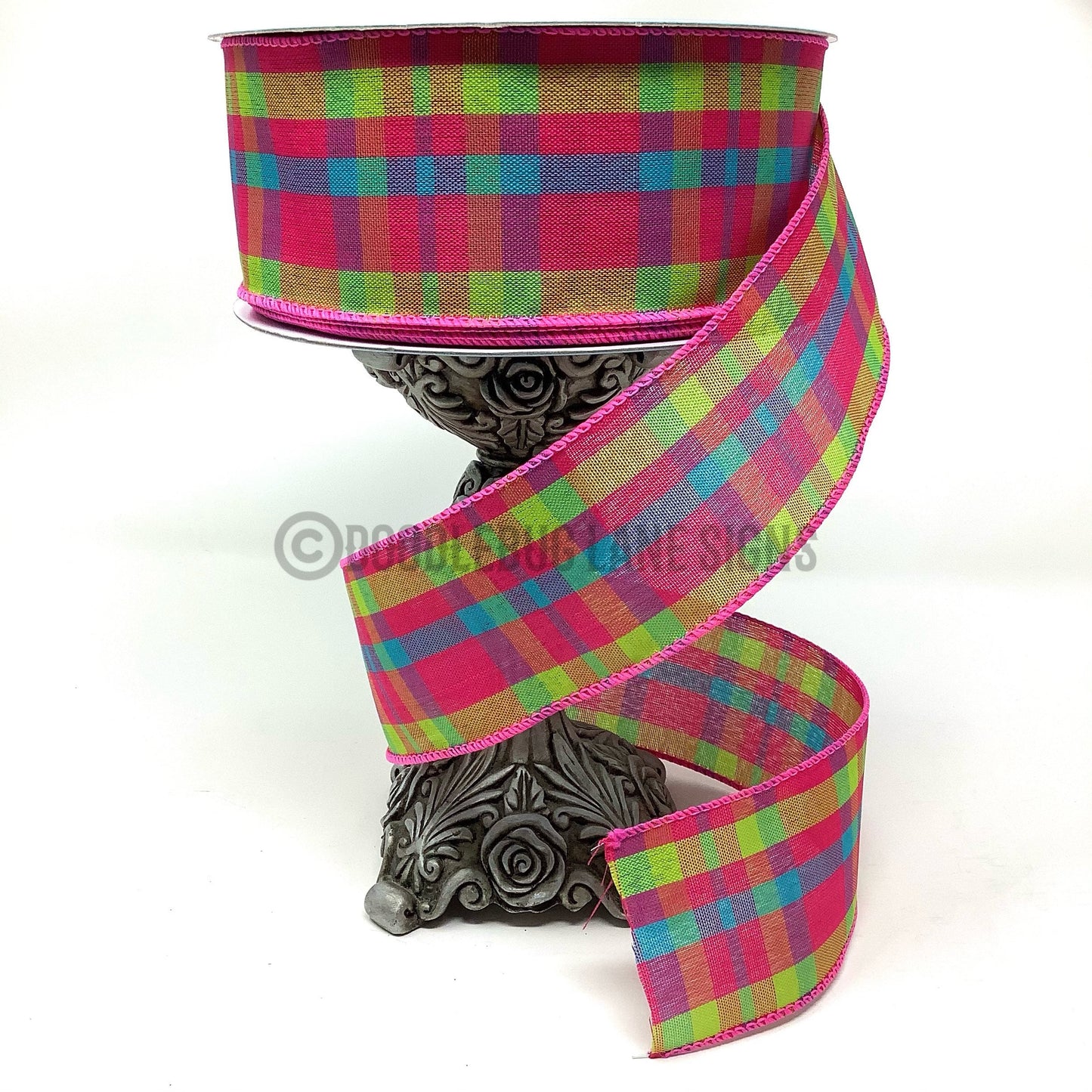 Wired Ribbon - Spring Ribbon - Easter Ribbon - Pink Green And Blue Plaid Ribbon - 2.5” x 5  yards