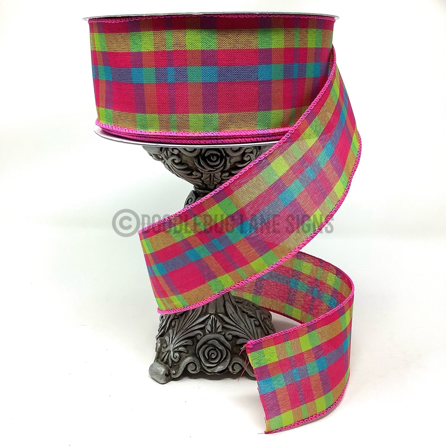 Wired Ribbon - Spring Ribbon - Easter Ribbon - Pink Green And Blue Plaid Ribbon - 2.5” x 5  yards