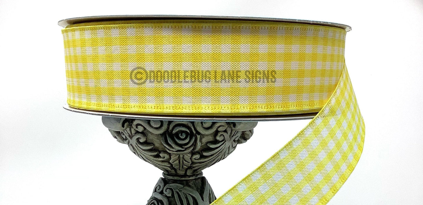 Wired Ribbon - Farmhouse Ribbon - Rustic Ribbon - Yellow And White Gingham - 1.5” x 5 yards - All Occasion Ribbon