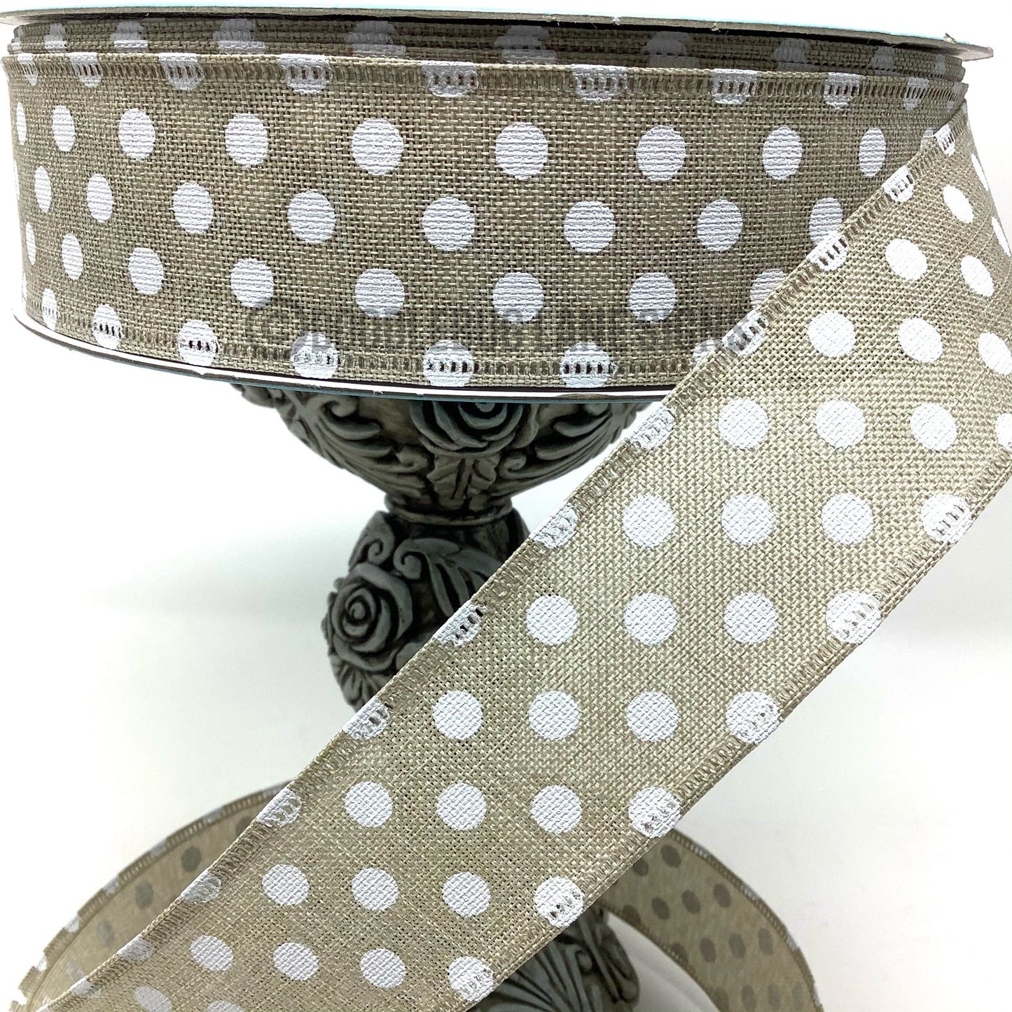 Wired Ribbon - White Polka Dots - 1.5” x 5 yards - Farmhouse Ribbon - All Occasion Ribbon