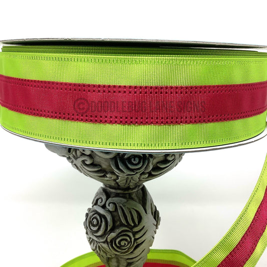 Wired Ribbon - Striped Ribbon - 1.5” x 5 yards - Spring Ribbon - Green And Dark Pink - All Occasion Ribbon