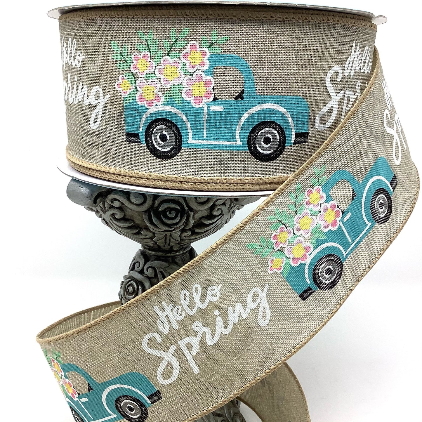 Wired Ribbon - Spring Ribbon - Easter Ribbon - Truck Ribbon - Hello Spring - 2.5” x 5 yards - Floral Ribbon